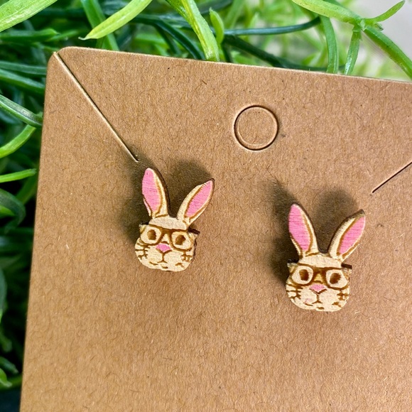 Hand Painted Bunny Rabbit with Glasses Wood Stud Earrings - Picture 1 of 1